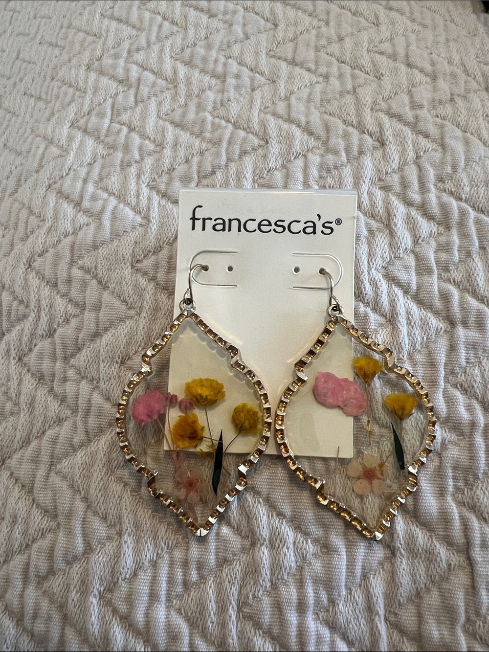 Francesca's Collections Gold Teardrop Pressed Flower Earrings - Yellow & Pink